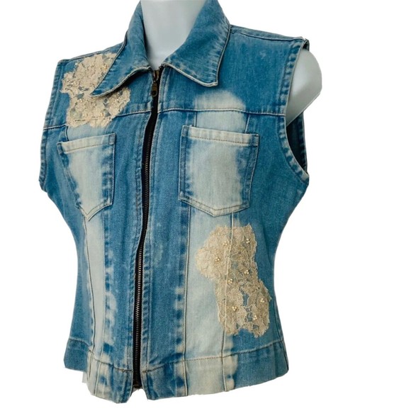 Les Rivales Lace Distressed Light Wash Denim Zip Up Jean Vest Size 40/US Size M - Picture 4 of 12